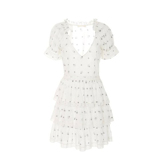 LoveShackFancy Azura Mini Dress White Deep V-neck Puff Sleeves Ruffled Skirt - Picture 3 of 13